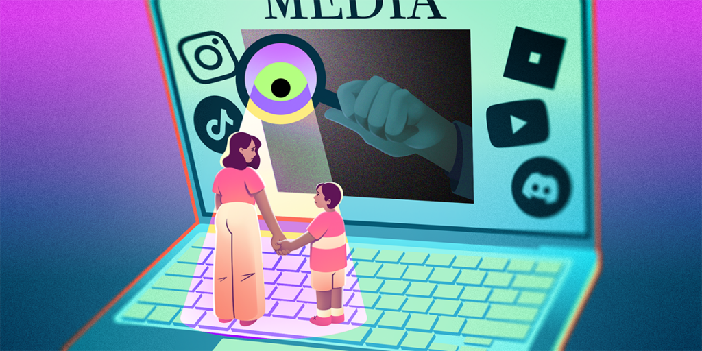 two kids on a huge laptop, spied on by an eye in magnifying glass