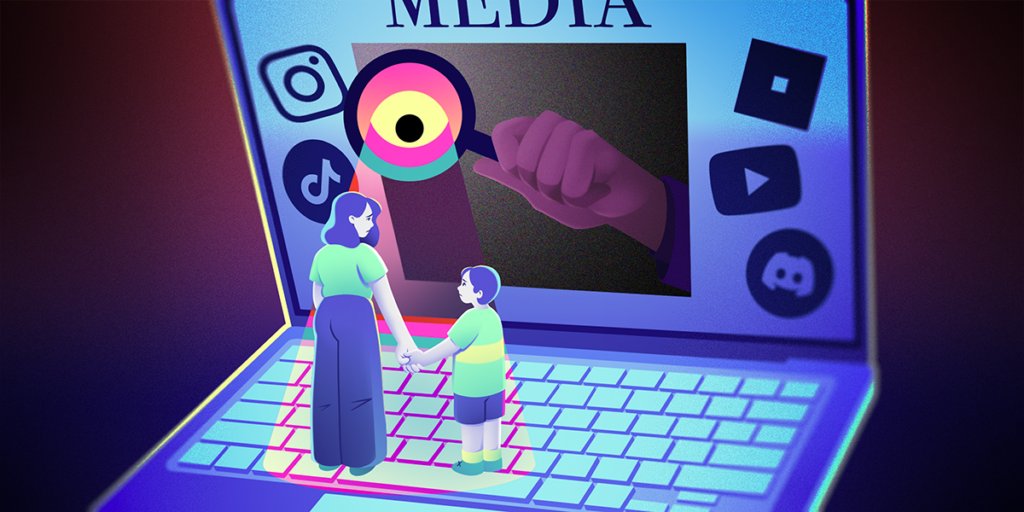 A concerned parent and child stand on a large laptop keyboard, while a shadowy hand reaches out