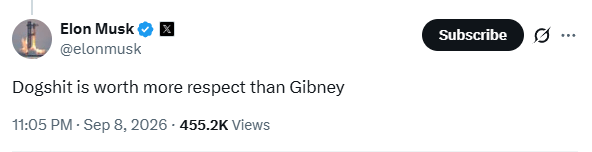 A tweet from Elon Musk that reads, "Dogshit is worth more respect than Gibney."